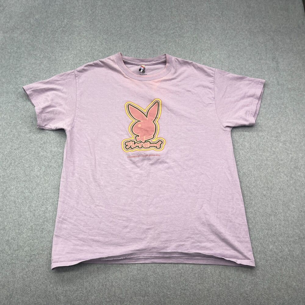 Playboy Shirt Mens Large Light Purple Worn In Short Sleeve T Large Logo READ